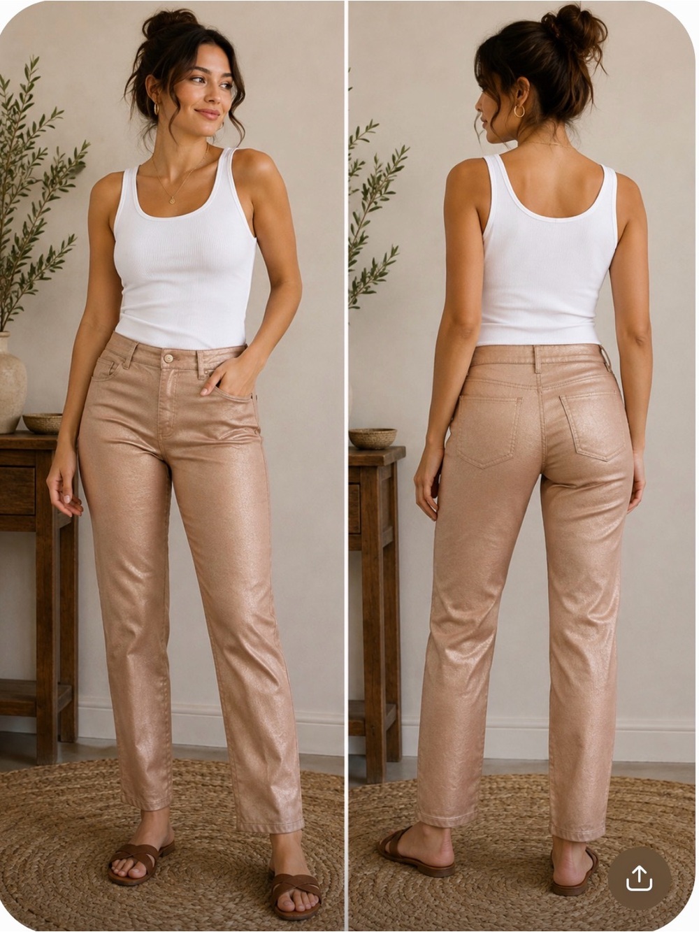 Lafayette 148 Metallic Beige Straight Leg Pants High Rise Trousers Chic Dressy